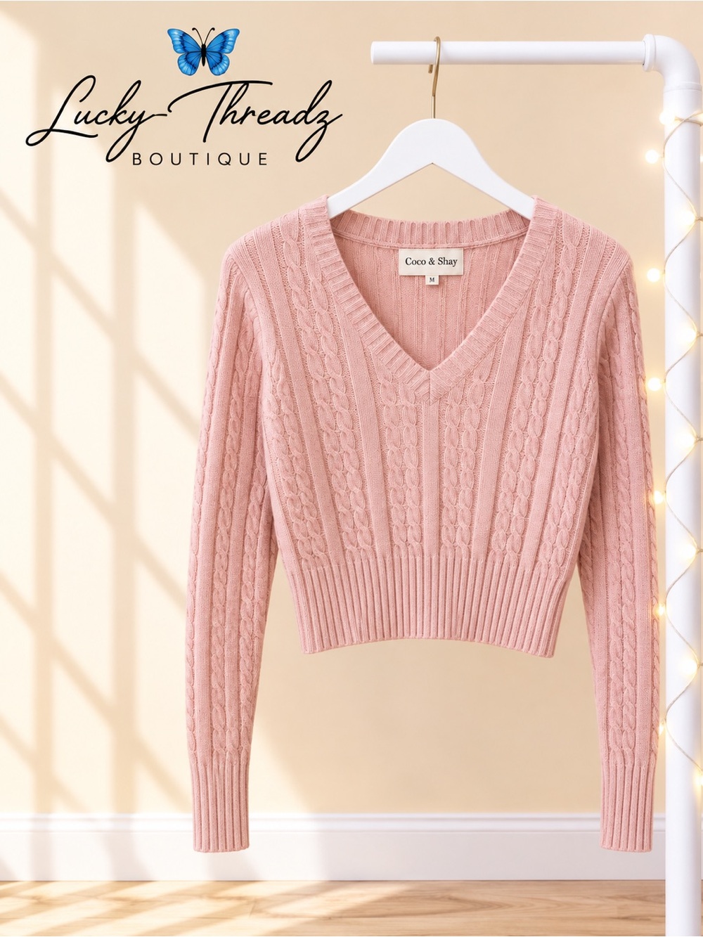 Pink Cable Knit V Neck Sweater M Preppy Coquette Gilmore Girls Coco Shay
